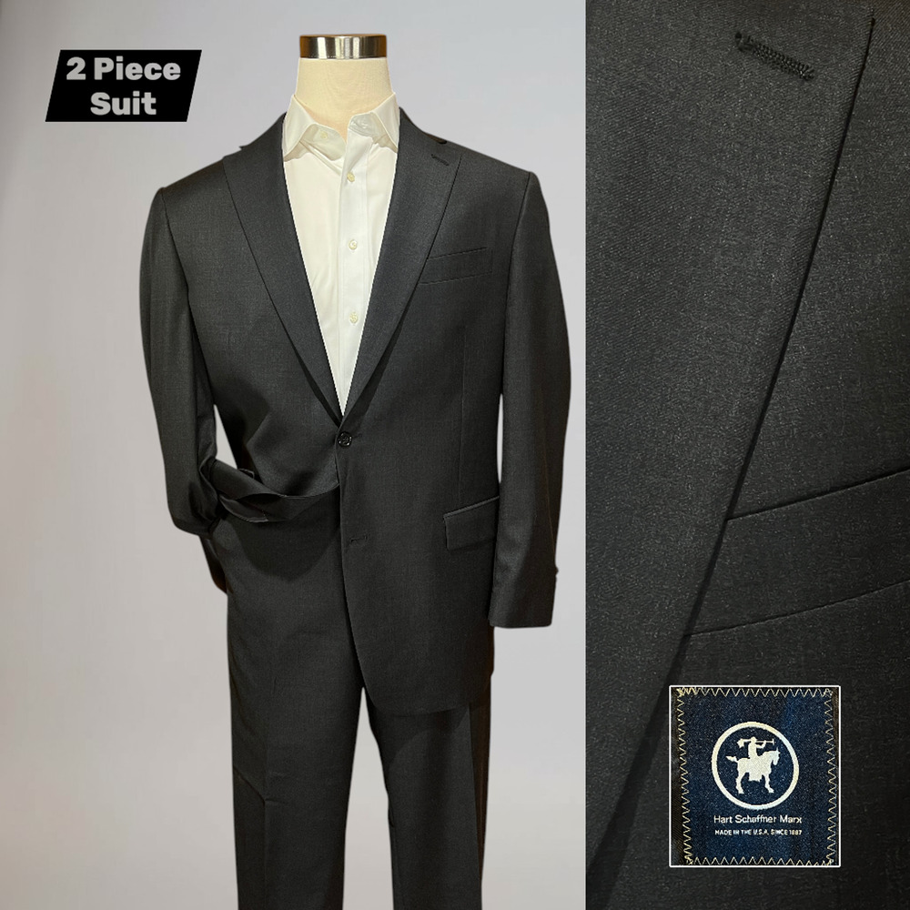 Vtg Hart Schaffner Marx 46L 40x33 Dark Charcoal Gray Quality Classic Suit USA